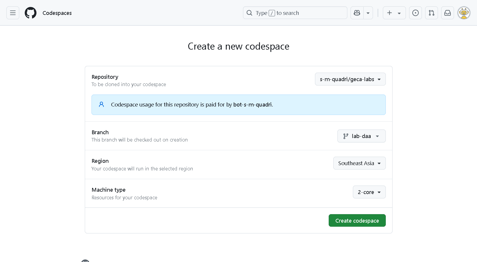 Screenshot of GitHub Codespaces New Instance