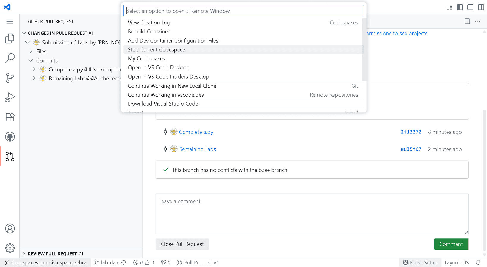 Screenshot of Stop Codespace