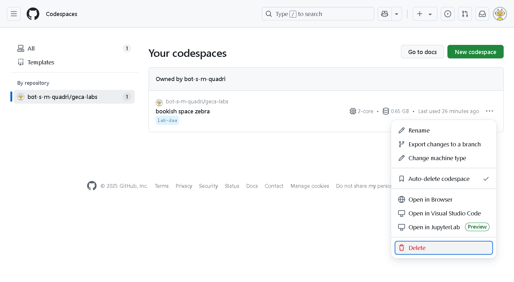 Screenshot of Codespace Deleted